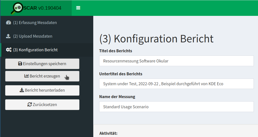 Generating the report (German: Bericht erzeugen).