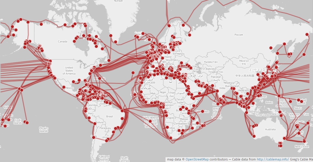 World map of submarine communication cables. (Cable data by Greg Mahlknecht, KML file released under <a href="https://www.gnu.org/licenses/gpl-3.0.html">GPLv3</a>; world map by Openstreetmap contributors.)