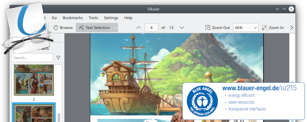 KDE’s popular multi-platform PDF reader and universal document viewer Okular was awarded the Blue Angel ecolabel in 2022. (Image from KDE published under a <a href="https://spdx.org/licenses/CC-BY-4.0.html">CC-BY-4.0</a> license.)