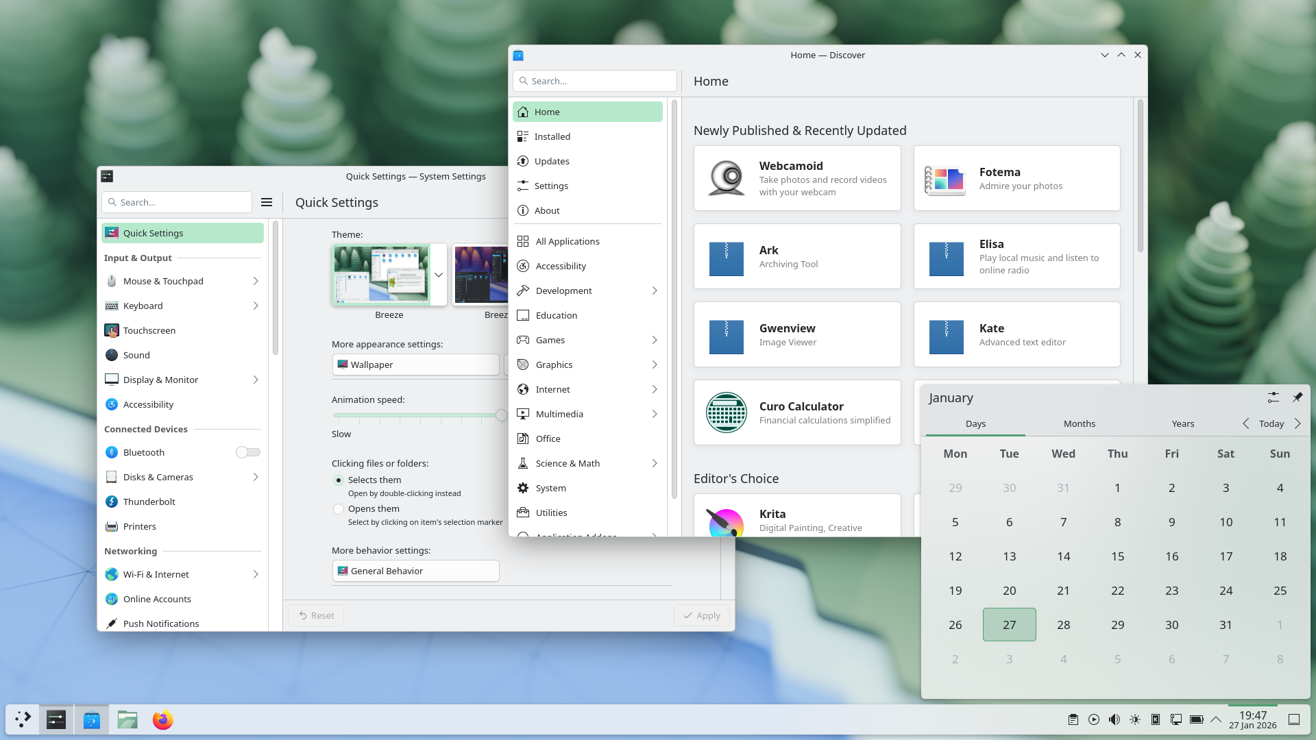 The KDE Plasma Desktop Environment. Here you can see GUIs for modifying System Settings, for updating and installing software with Discover, as well as for checking the date with the Digital Clock widget. (Image from KDE released under a CC-BY-4.0 license.)